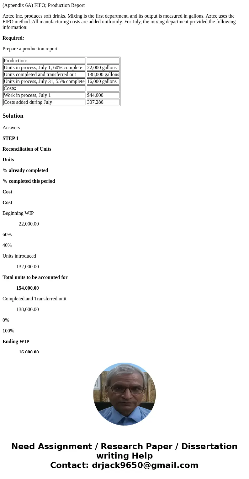 (Appendix 6A) FIFO; Production Report Aztec Inc. produces soft drinks. Mixing is the first department, and its output is measured in gallons. Aztec uses the FIF