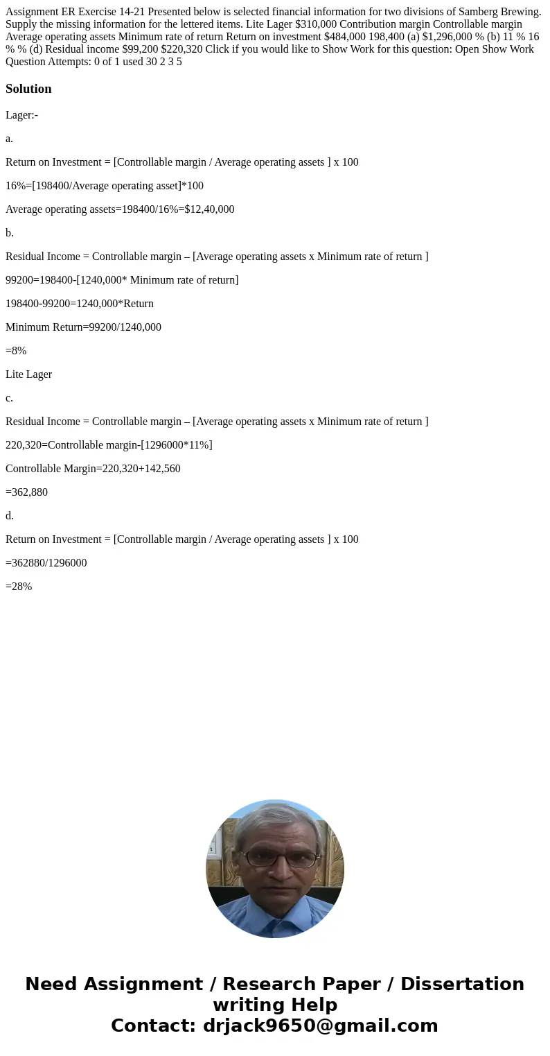Assignment ER Exercise 14-21 Presented below is selected financial information for two divisions of Samberg Brewing. Supply the missing information for the let  Assignment ER Exercise 14-21 Presented below is selected financial information for two divisions of Samberg Brewing. Supply the missing information for the let