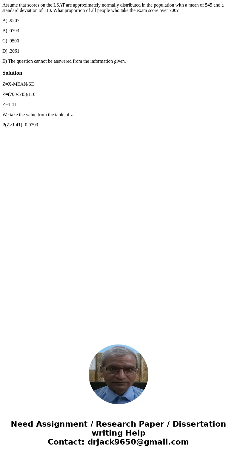 Assume that scores on the LSAT are approximately normally distributed in the population with a mean of 545 and a standard deviation of 110. What proportion of a