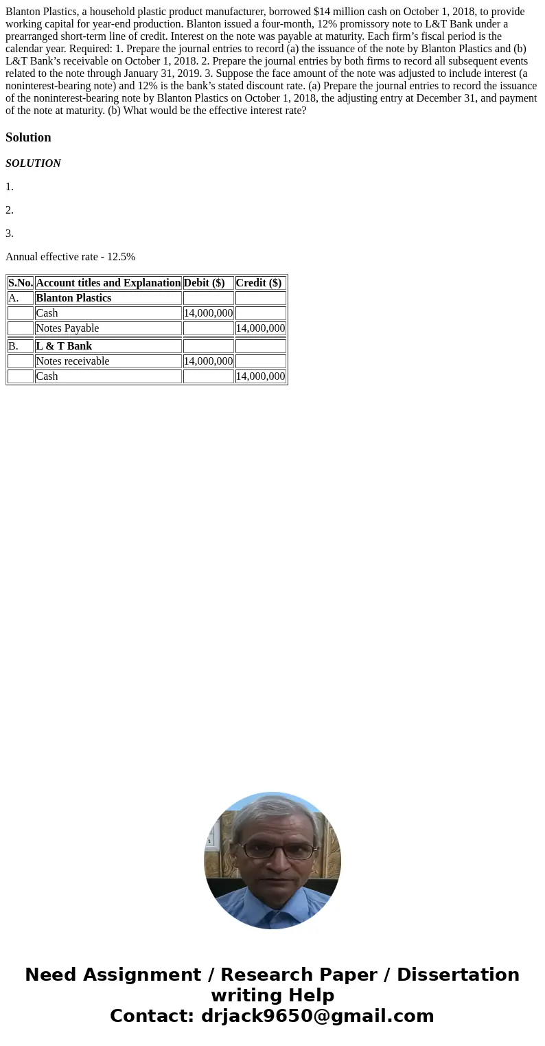 Blanton Plastics, a household plastic product manufacturer, borrowed $14 million cash on October 1, 2018, to provide working capital for year-end production. Bl Blanton Plastics, a household plastic product manufacturer, borrowed $14 million cash on October 1, 2018, to provide working capital for year-end production. Bl