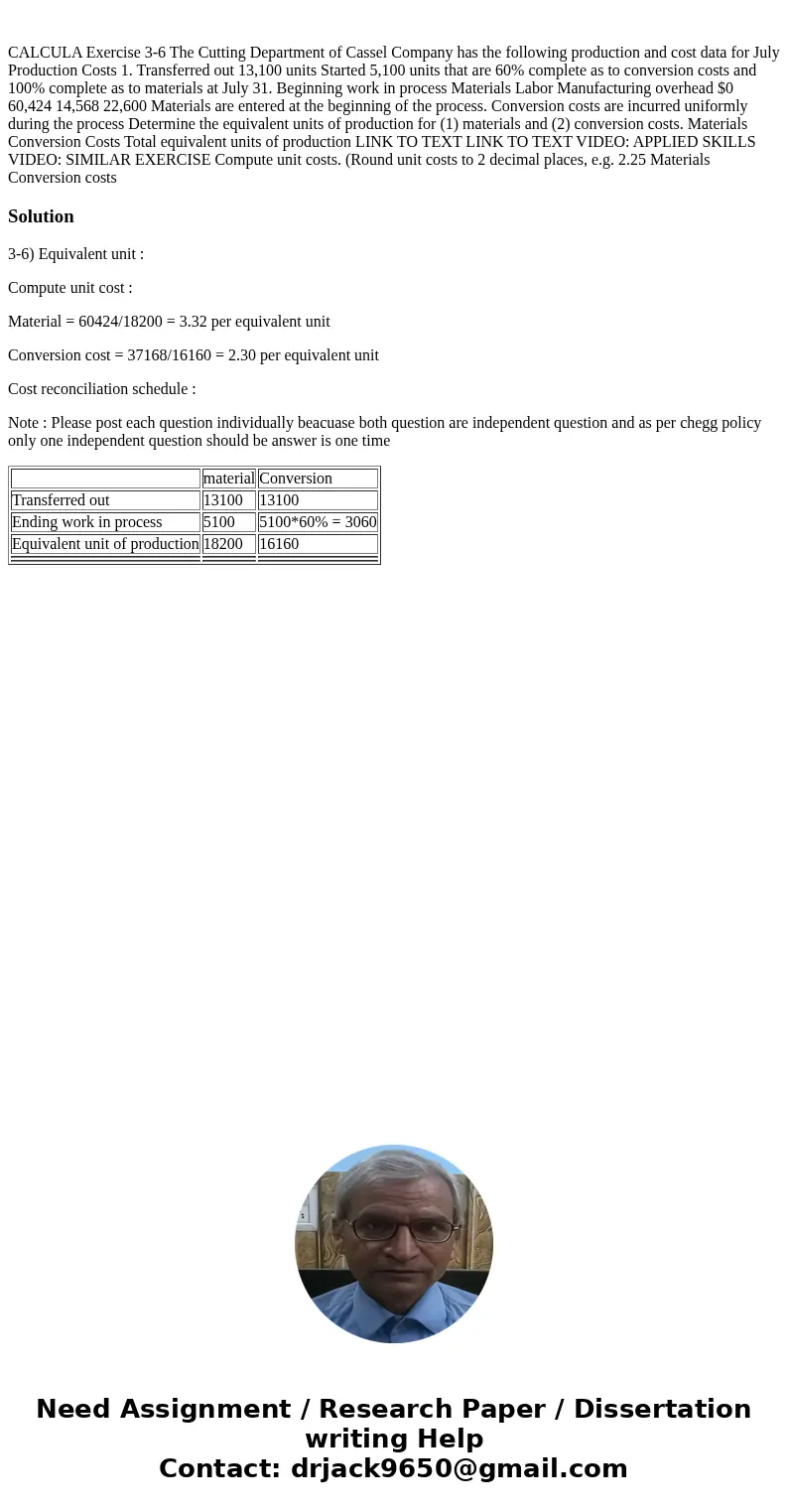 CALCULA Exercise 3-6 The Cutting Department of Cassel Company has the following production and cost data for July Production Costs 1. Transferred out 13,100 un