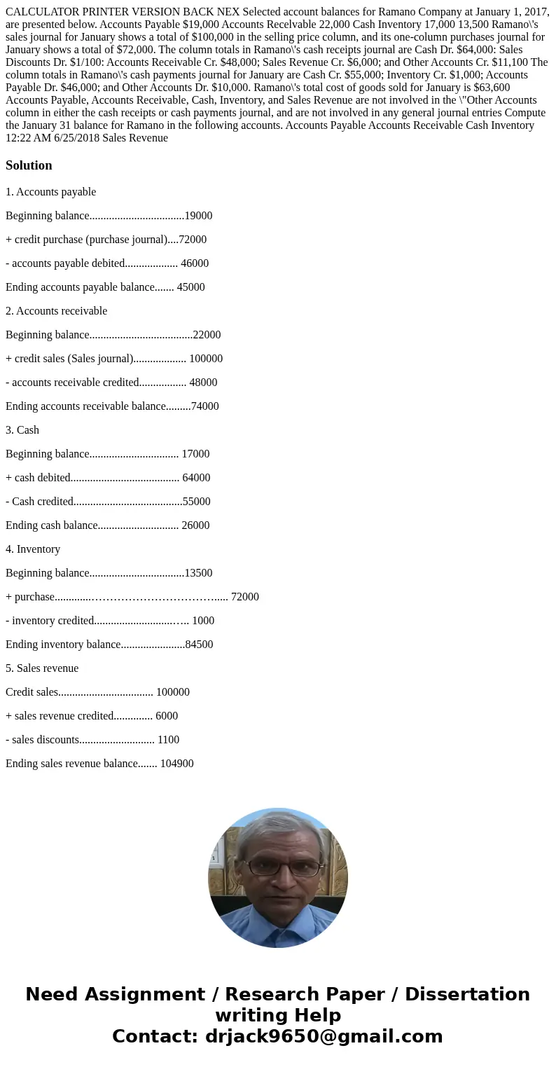 CALCULATOR PRINTER VERSION BACK NEX Selected account balances for Ramano Company at January 1, 2017, are presented below. Accounts Payable $19,000 Accounts Rec  CALCULATOR PRINTER VERSION BACK NEX Selected account balances for Ramano Company at January 1, 2017, are presented below. Accounts Payable $19,000 Accounts Rec