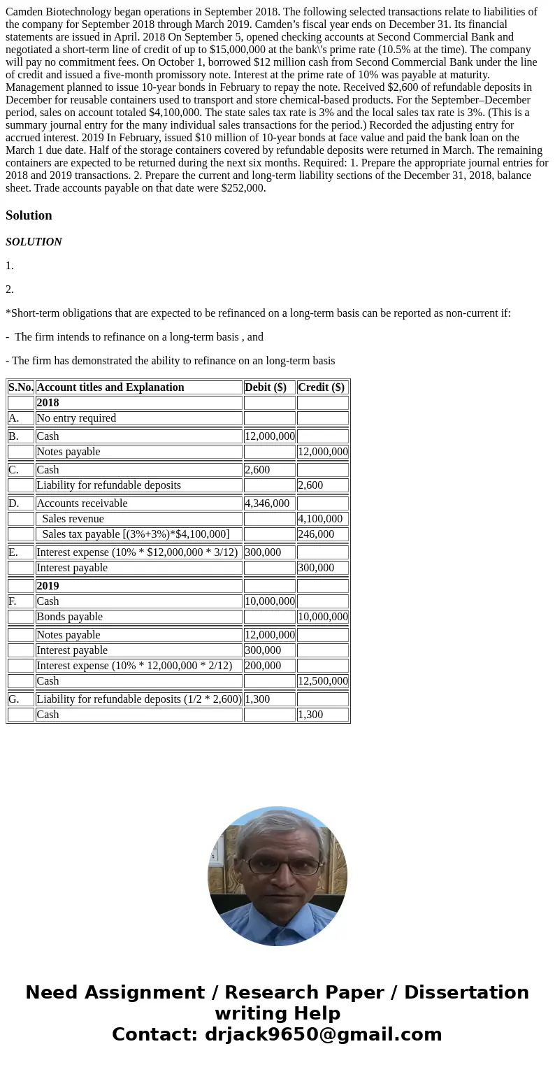 Camden Biotechnology began operations in September 2018. The following selected transactions relate to liabilities of the company for September 2018 through Mar Camden Biotechnology began operations in September 2018. The following selected transactions relate to liabilities of the company for September 2018 through Mar