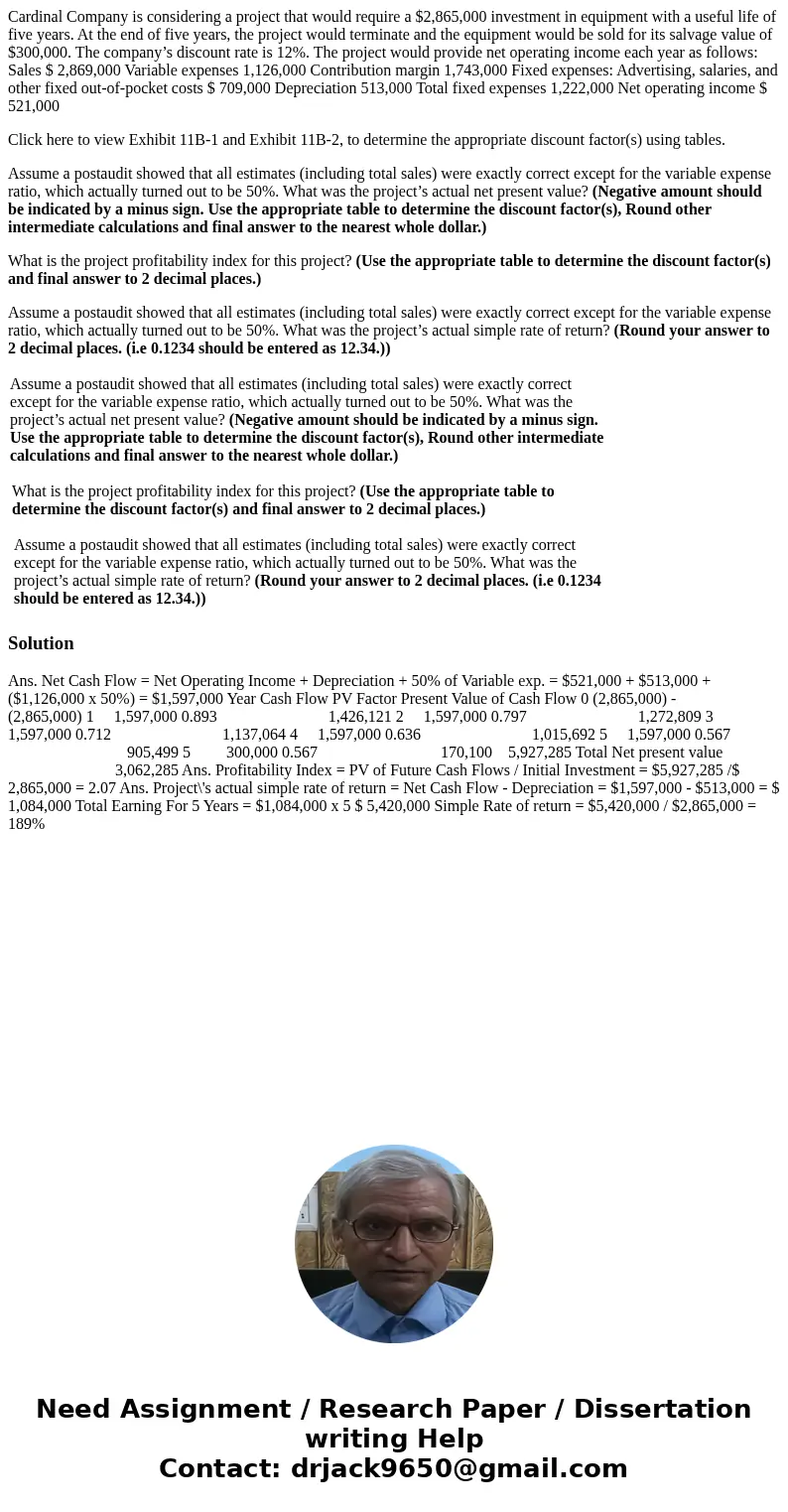 Cardinal Company is considering a project that would require a $2,865,000 investment in equipment with a useful life of five years. At the end of five years, th