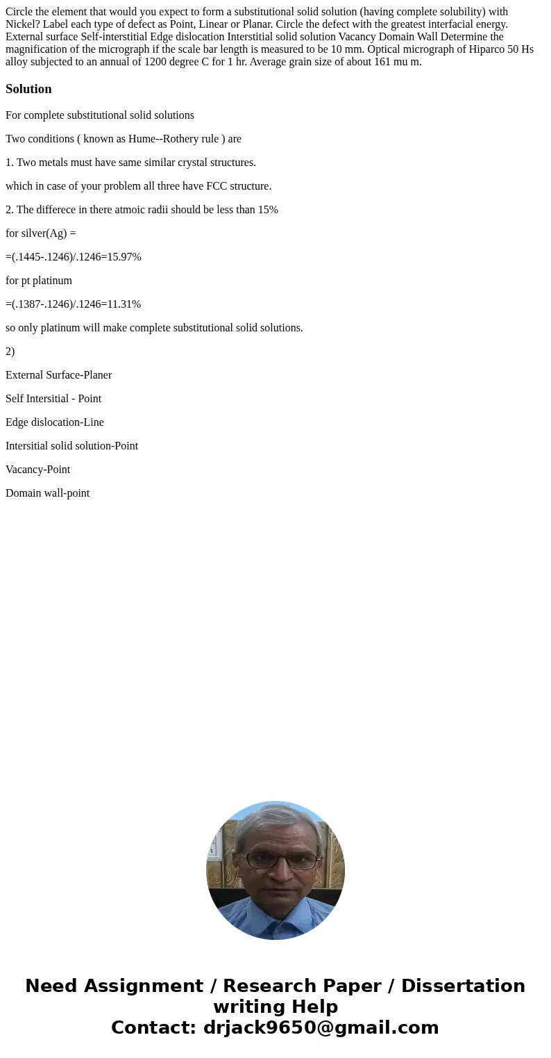 Circle the element that would you expect to form a substitutional solid solution (having complete solubility) with Nickel? Label each type of defect as Point,   Circle the element that would you expect to form a substitutional solid solution (having complete solubility) with Nickel? Label each type of defect as Point,