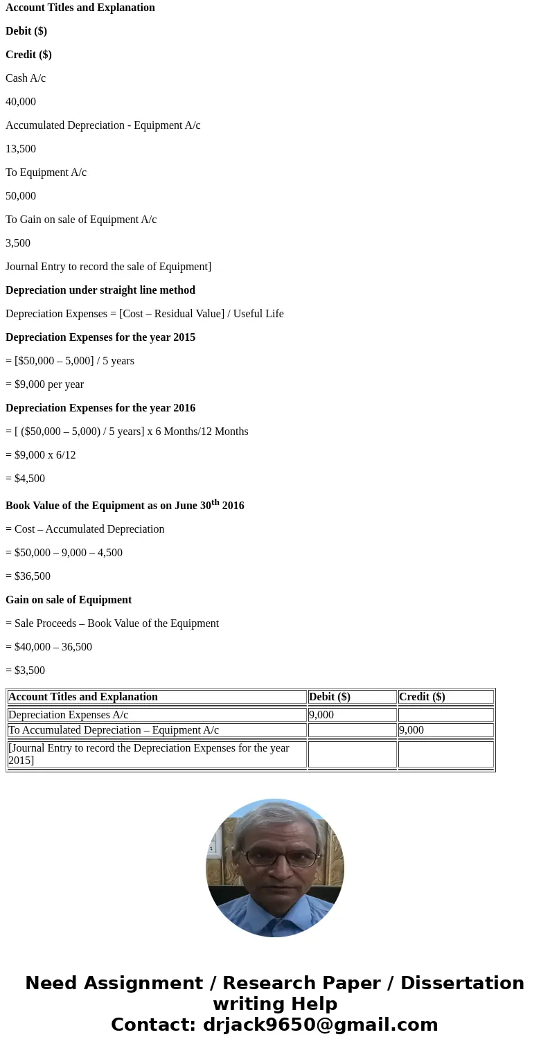 Company ABC bought an equipment for $50,000 in 2015, with useful life of 5 years $5,000 residual value amortized using straight-line method. a) Assume, this equ