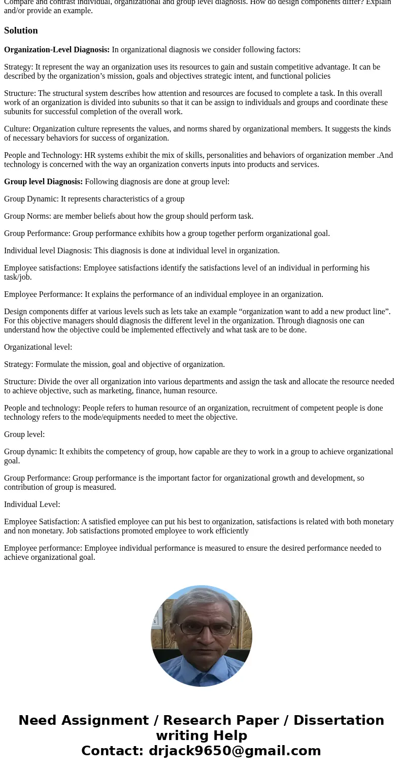 Compare and contrast individual, organizational and group level diagnosis. How do design components differ? Explain and/or provide an example.SolutionOrganizati Compare and contrast individual, organizational and group level diagnosis. How do design components differ? Explain and/or provide an example.SolutionOrganizati
