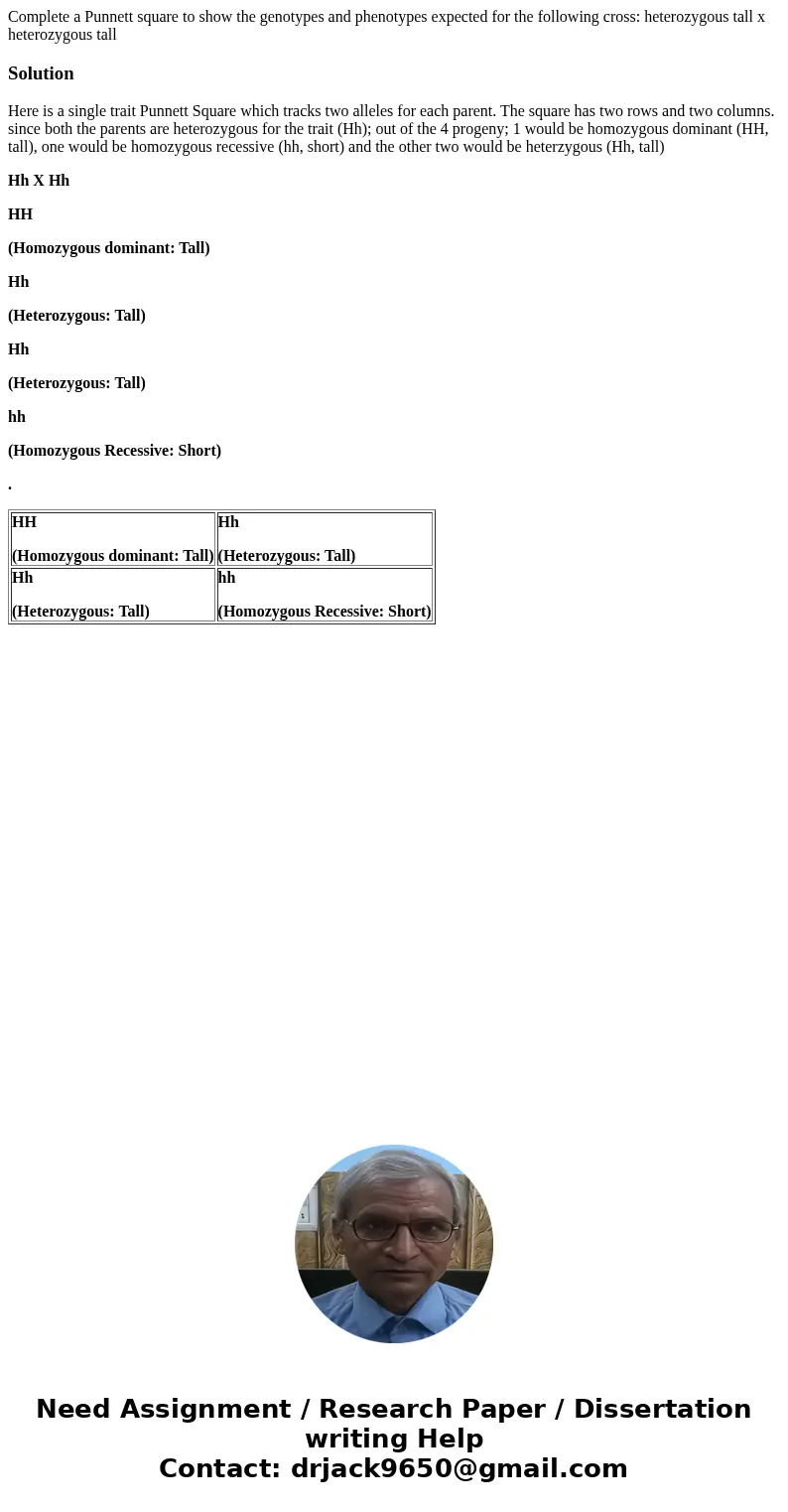 Complete a Punnett square to show the genotypes and phenotypes expected for the following cross: heterozygous tall x heterozygous tallSolutionHere is a single t Complete a Punnett square to show the genotypes and phenotypes expected for the following cross: heterozygous tall x heterozygous tallSolutionHere is a single t