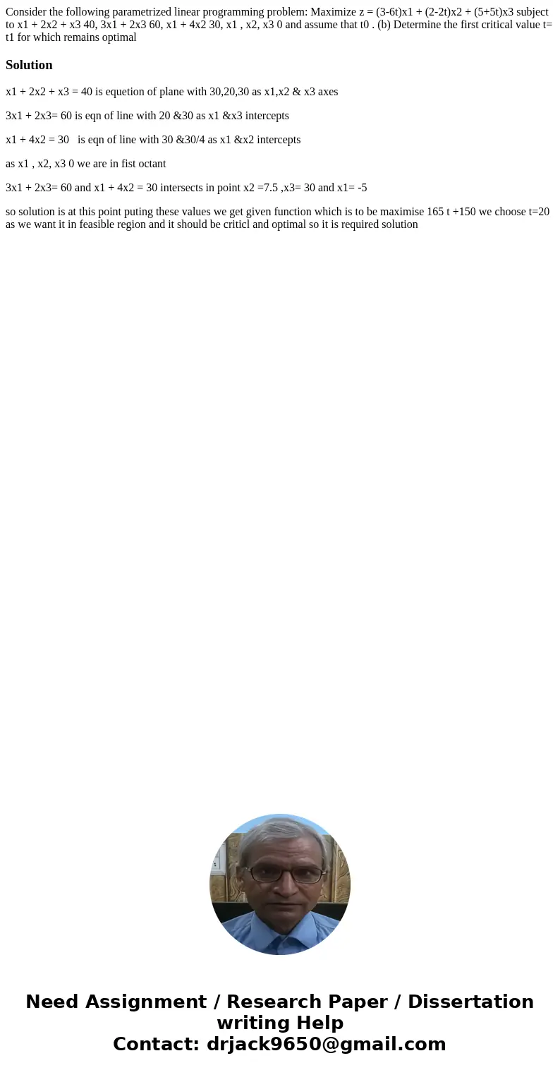 Consider the following parametrized linear programming problem: Maximize z = (3-6t)x1 + (2-2t)x2 + (5+5t)x3 subject to x1 + 2x2 + x3 40, 3x1 + 2x3 60, x1 + 4x2  Consider the following parametrized linear programming problem: Maximize z = (3-6t)x1 + (2-2t)x2 + (5+5t)x3 subject to x1 + 2x2 + x3 40, 3x1 + 2x3 60, x1 + 4x2