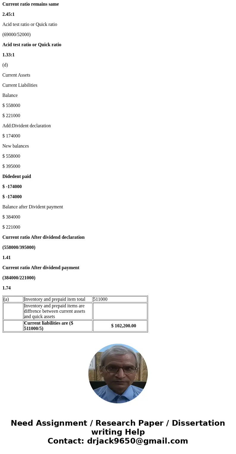  Current Liabilities $ Solution(a) Inventory and prepaid item total 511000 Inventory and prepaid items are diffrence between current assets and quick assets Cur
