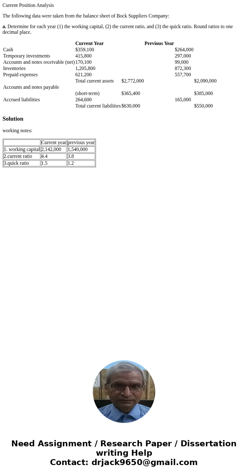 Current Position Analysis The following data were taken from the balance sheet of Bock Suppliers Company: a. Determine for each year (1) the working capital, (2
