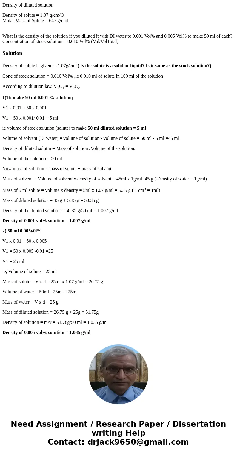 Density of diluted solution Density of solute = 1.07 g/cm^3 Molar Mass of Solute = 647 g/mol What is the density of the solution if you diluted it with DI water Density of diluted solution Density of solute = 1.07 g/cm^3 Molar Mass of Solute = 647 g/mol What is the density of the solution if you diluted it with DI water
