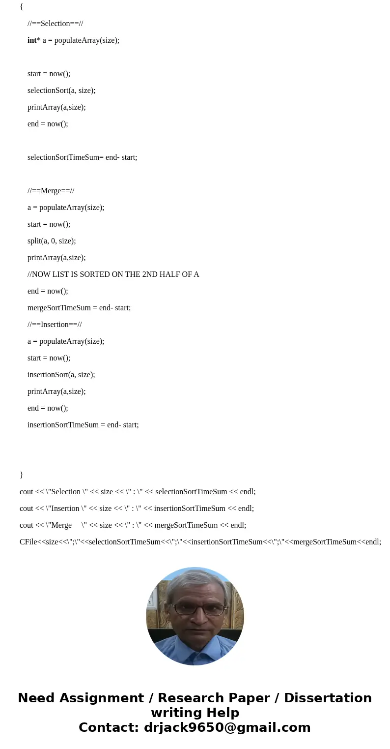 Description. This assignment takes an experimental approach to studying the efficiency of sorting algorithms. Two algorithms, Selection Sort and Merge Sort, ar  Description. This assignment takes an experimental approach to studying the efficiency of sorting algorithms. Two algorithms, Selection Sort and Merge Sort, ar