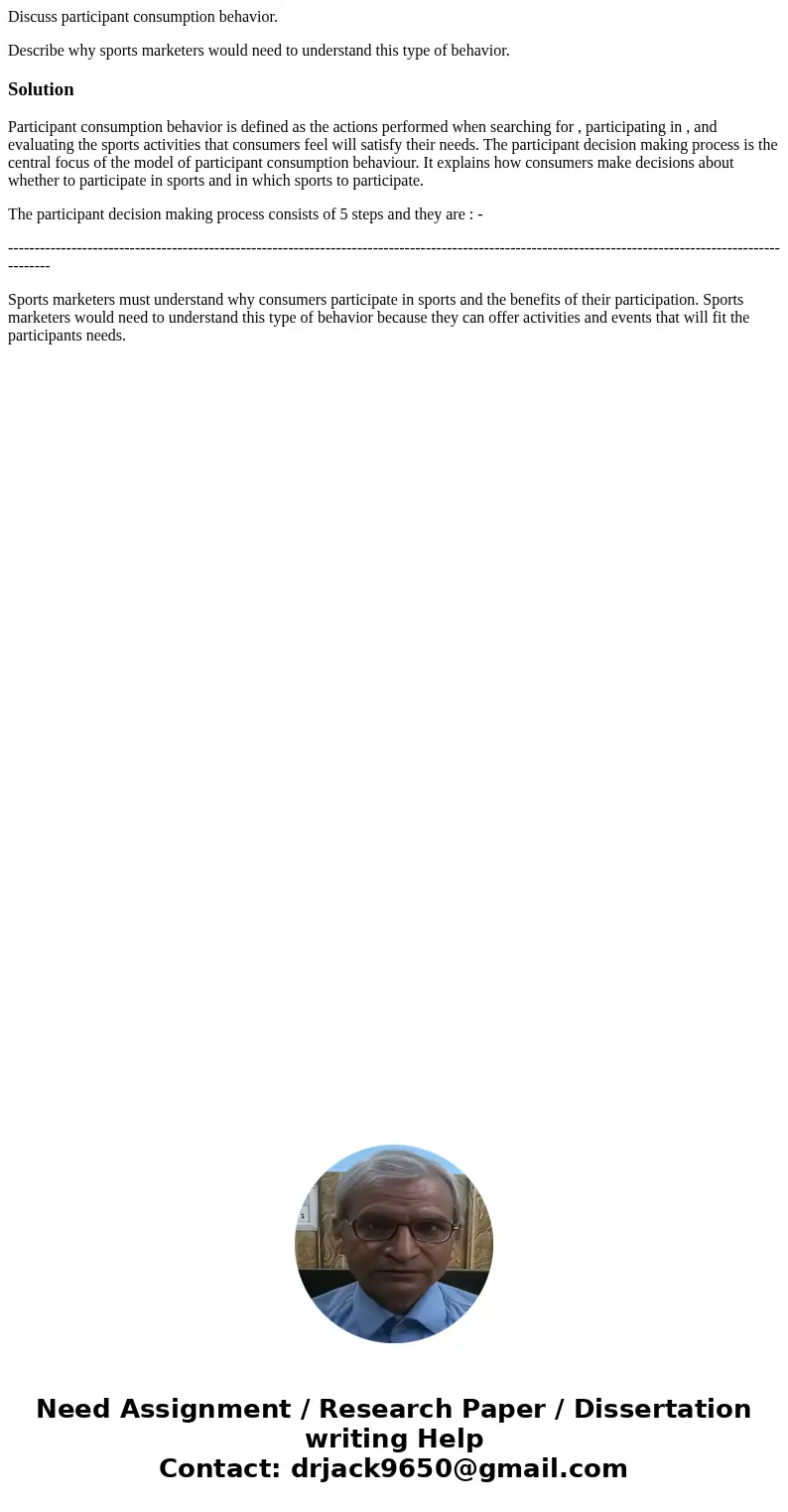 Discuss participant consumption behavior. Describe why sports marketers would need to understand this type of behavior.SolutionParticipant consumption behavior  Discuss participant consumption behavior. Describe why sports marketers would need to understand this type of behavior.SolutionParticipant consumption behavior