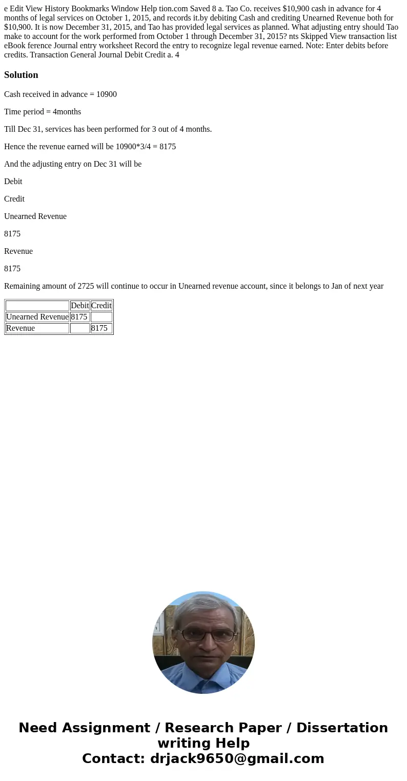 e Edit View History Bookmarks Window Help tion.com Saved 8 a. Tao Co. receives $10,900 cash in advance for 4 months of legal services on October 1, 2015, and r  e Edit View History Bookmarks Window Help tion.com Saved 8 a. Tao Co. receives $10,900 cash in advance for 4 months of legal services on October 1, 2015, and r