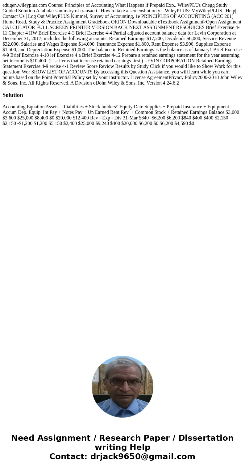  edugen.wileyplus.com Course: Principles of Accounting What Happens if Prepaid Exp.. WileyPLUs Chegg Study Guided Solution A tabular summary of transacti.. How 
