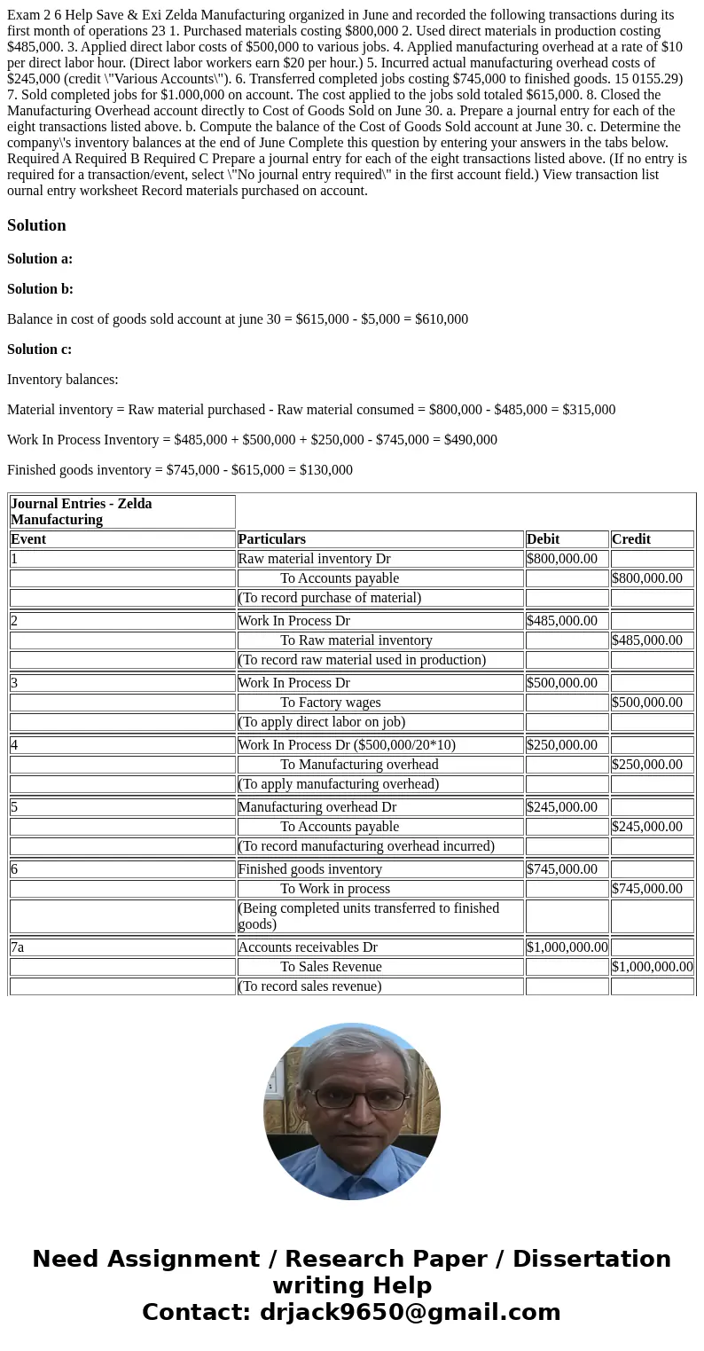  Exam 2 6 Help Save & Exi Zelda Manufacturing organized in June and recorded the following transactions during its first month of operations 23 1. Purchased