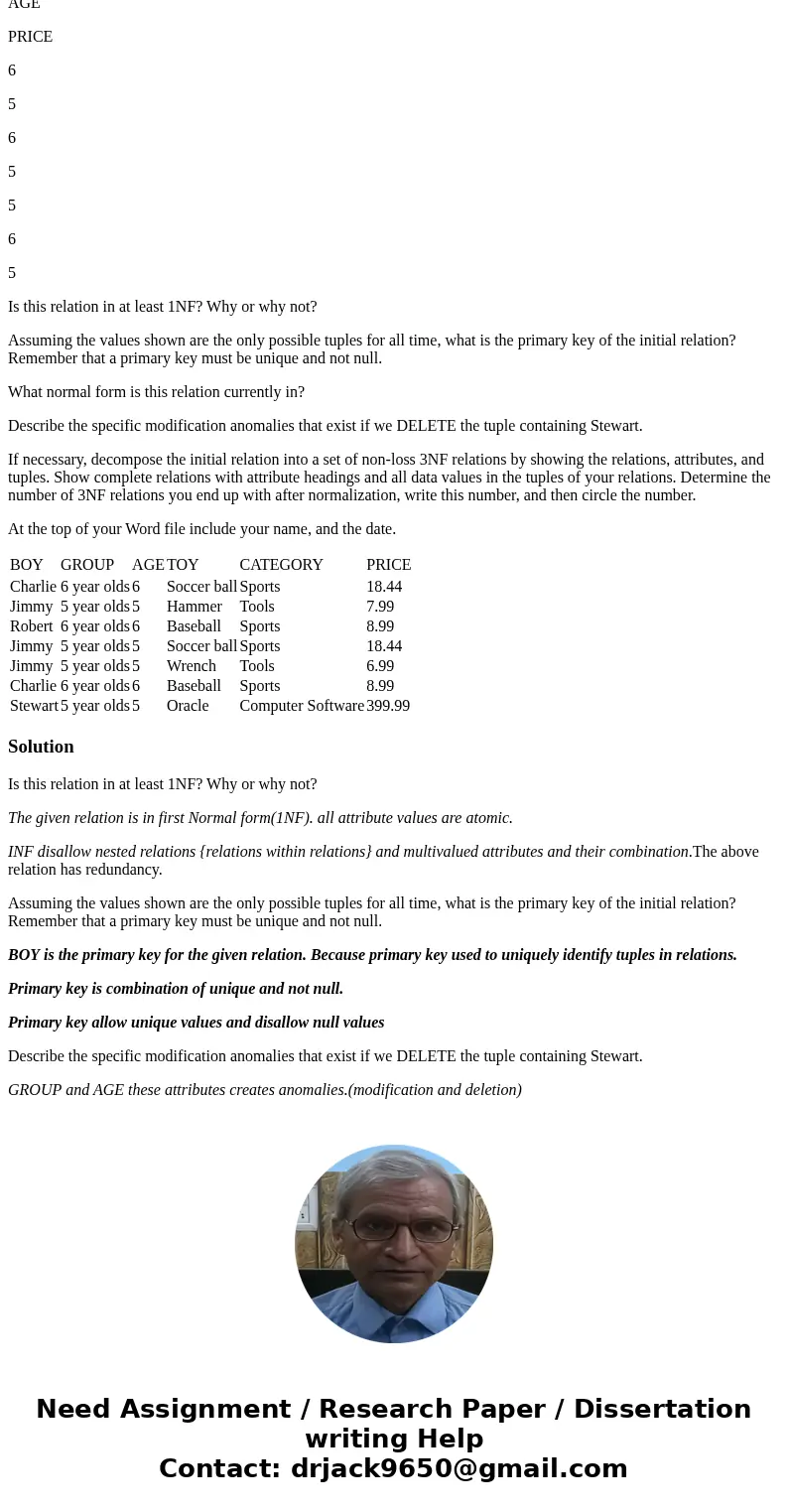 Examine the following relation and answer the following questions. Assume these are the values that exist for all time (e.g., the toys shown always cost the amo