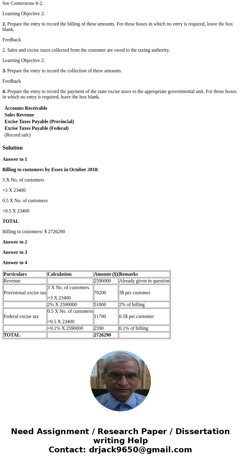 Excise Taxes Essex Power provides electricity to a wide area of western Ontario. During October 2018 it billed 23,400 of its residential customers located in th Excise Taxes Essex Power provides electricity to a wide area of western Ontario. During October 2018 it billed 23,400 of its residential customers located in th