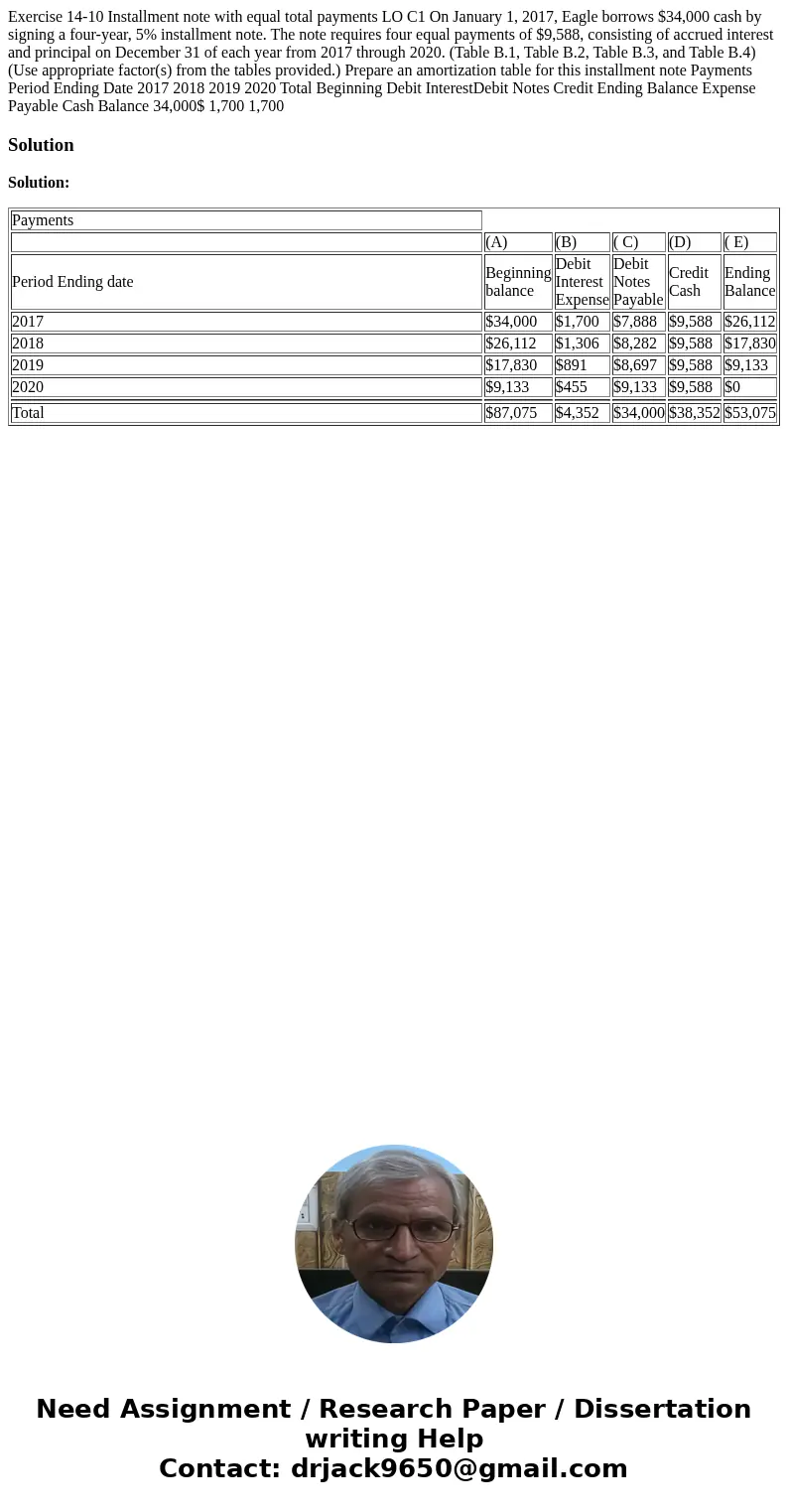  Exercise 14-10 Installment note with equal total payments LO C1 On January 1, 2017, Eagle borrows $34,000 cash by signing a four-year, 5% installment note. The