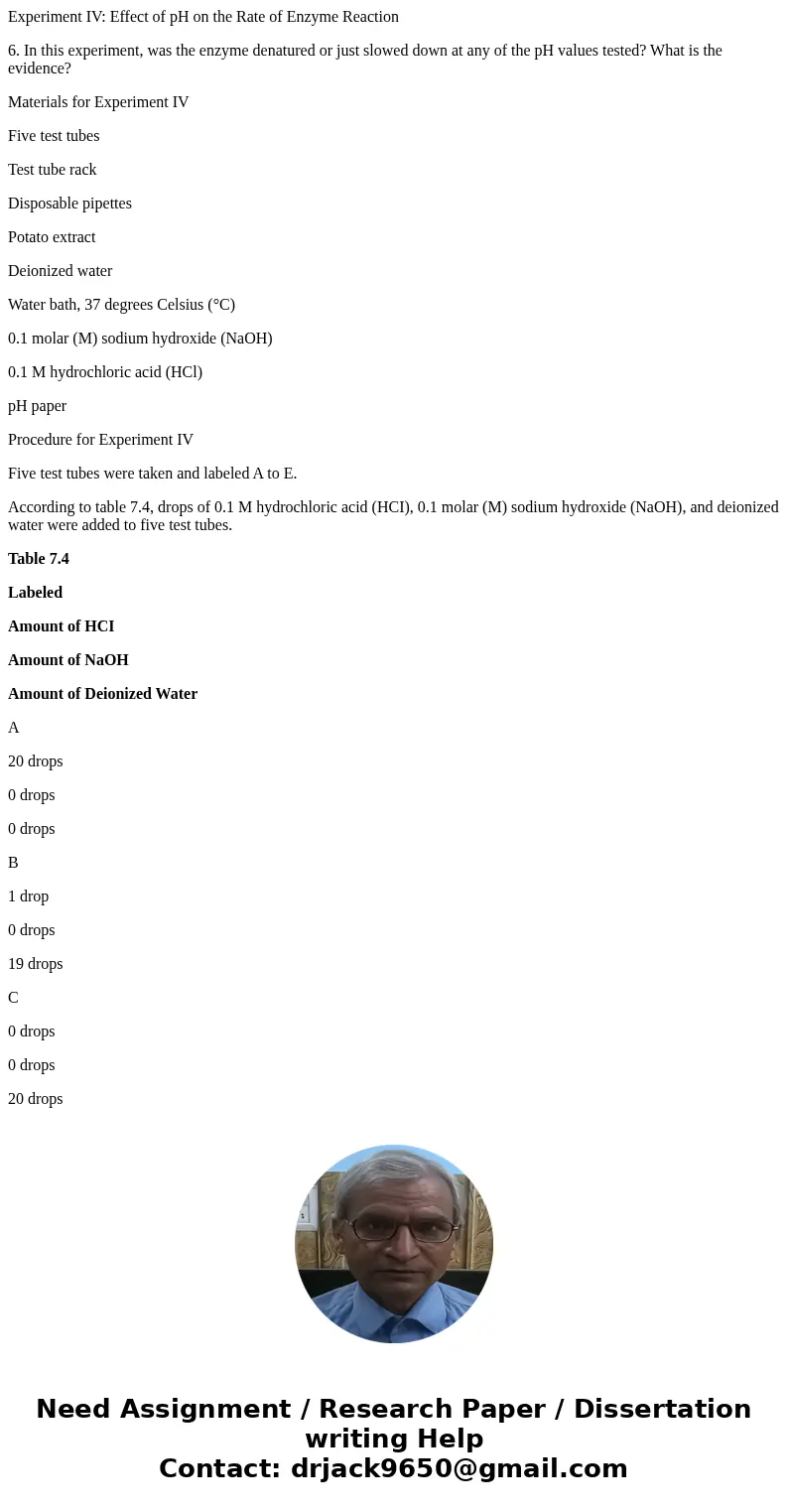 Experiment IV: Effect of pH on the Rate of Enzyme Reaction 6. In this experiment, was the enzyme denatured or just slowed down at any of the pH values tested? W