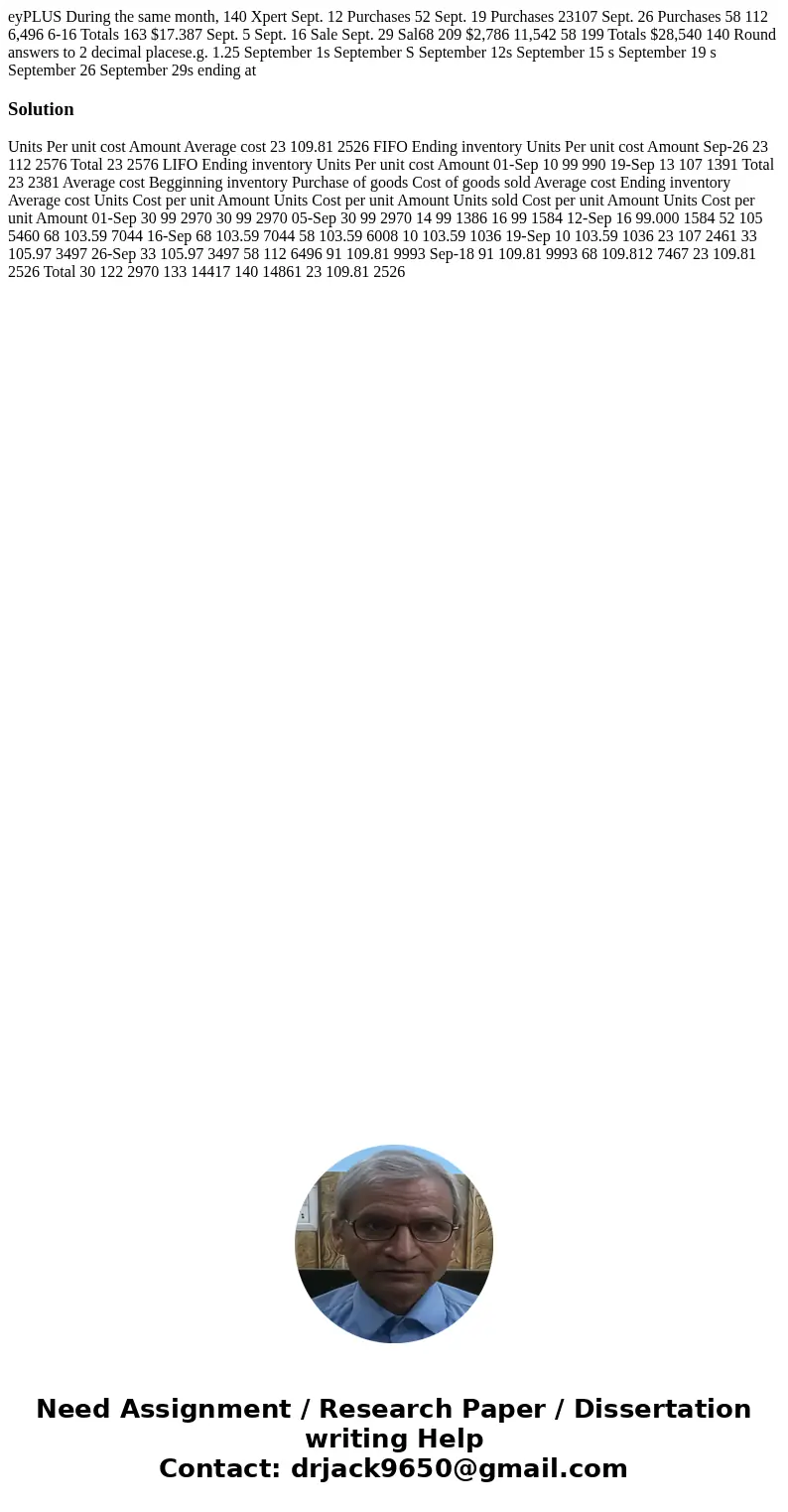eyPLUS During the same month, 140 Xpert Sept. 12 Purchases 52 Sept. 19 Purchases 23107 Sept. 26 Purchases 58 112 6,496 6-16 Totals 163 $17.387 Sept. 5 Sept. 16  eyPLUS During the same month, 140 Xpert Sept. 12 Purchases 52 Sept. 19 Purchases 23107 Sept. 26 Purchases 58 112 6,496 6-16 Totals 163 $17.387 Sept. 5 Sept. 16