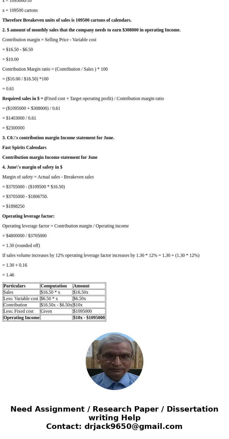 Fast Spirit Calendars imprints calendars with college names. The company has fixed expenses of $1,095,000 each month plus variable expenses of $ 6.50 per carton Fast Spirit Calendars imprints calendars with college names. The company has fixed expenses of $1,095,000 each month plus variable expenses of $ 6.50 per carton