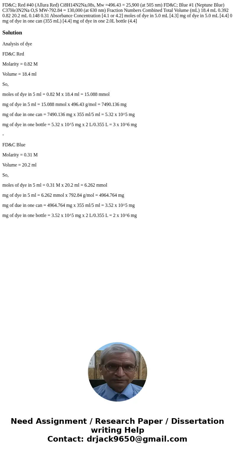 FD&C; Red #40 (Allura Red) Ci8H14N2Na,08s, Mw =496.43 = 25,900 (at 505 nm) FD&C; Blue #1 (Neptune Blue) C37He3N2Na O,S MW-792.84 = 130,000 (at 630 nm)   FD&C; Red #40 (Allura Red) Ci8H14N2Na,08s, Mw =496.43 = 25,900 (at 505 nm) FD&C; Blue #1 (Neptune Blue) C37He3N2Na O,S MW-792.84 = 130,000 (at 630 nm)