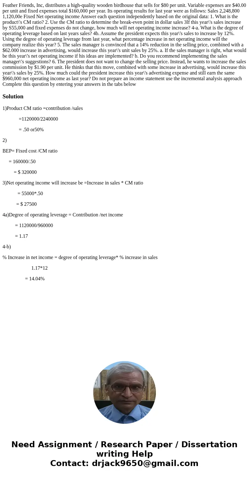 Feather Friends, Inc, distributes a high-quality wooden birdhouse that sells for $80 per unit. Variable expenses are $40.00 per unit and fixed expenses total $  Feather Friends, Inc, distributes a high-quality wooden birdhouse that sells for $80 per unit. Variable expenses are $40.00 per unit and fixed expenses total $