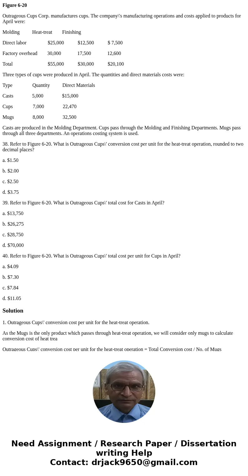 Figure 6-20 Outrageous Cups Corp. manufactures cups. The company\'s manufacturing operations and costs applied to products for April were: Molding Heat-treat Fi