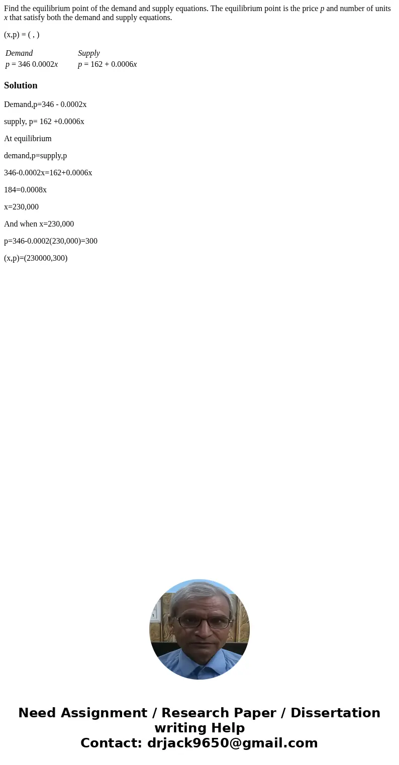 Find the equilibrium point of the demand and supply equations. The equilibrium point is the price p and number of units x that satisfy both the demand and suppl Find the equilibrium point of the demand and supply equations. The equilibrium point is the price p and number of units x that satisfy both the demand and suppl