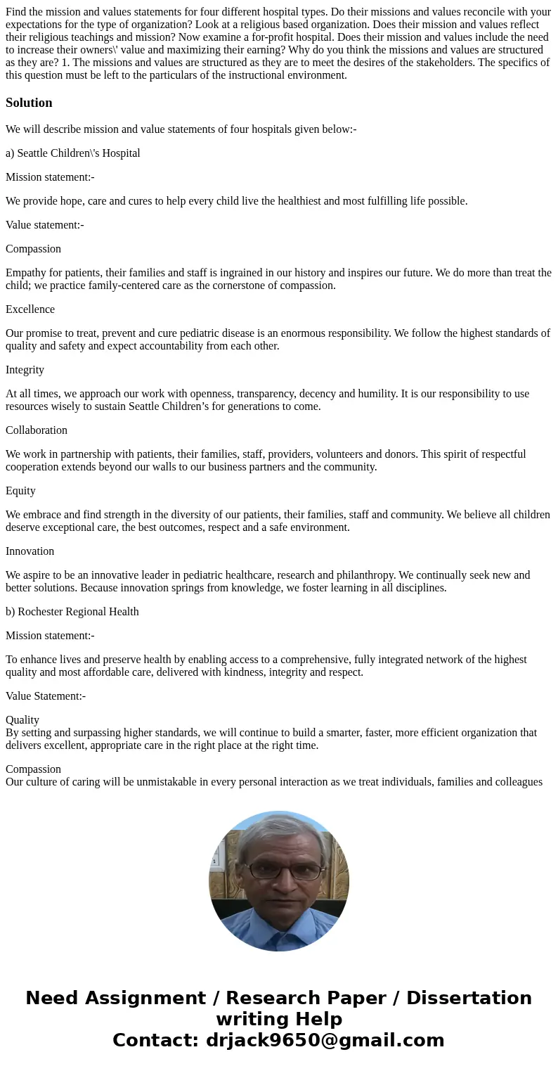 Find the mission and values statements for four different hospital types. Do their missions and values reconcile with your expectations for the type of organiz  Find the mission and values statements for four different hospital types. Do their missions and values reconcile with your expectations for the type of organiz