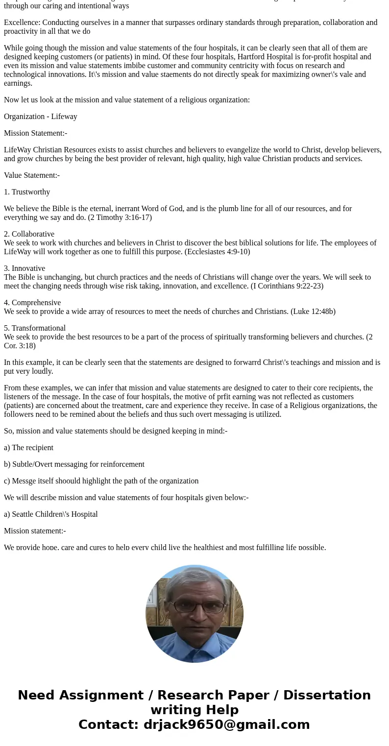 Find the mission and values statements for four different hospital types. Do their missions and values reconcile with your expectations for the type of organiz  Find the mission and values statements for four different hospital types. Do their missions and values reconcile with your expectations for the type of organiz