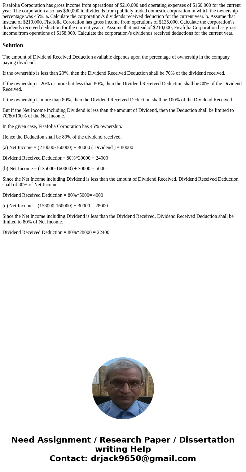 Fisafolia Corporation has gross income from operations of $210,000 and operating expenses of $160,000 for the current year. The corporation also has $30,000 in  Fisafolia Corporation has gross income from operations of $210,000 and operating expenses of $160,000 for the current year. The corporation also has $30,000 in
