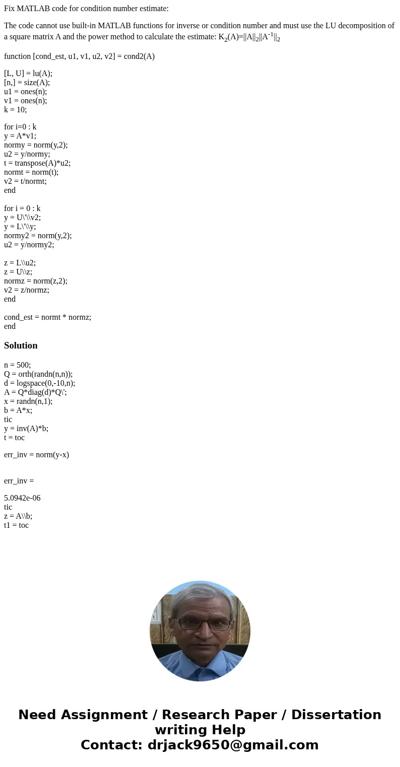 Fix MATLAB code for condition number estimate: The code cannot use built-in MATLAB functions for inverse or condition number and must use the LU decomposition o Fix MATLAB code for condition number estimate: The code cannot use built-in MATLAB functions for inverse or condition number and must use the LU decomposition o
