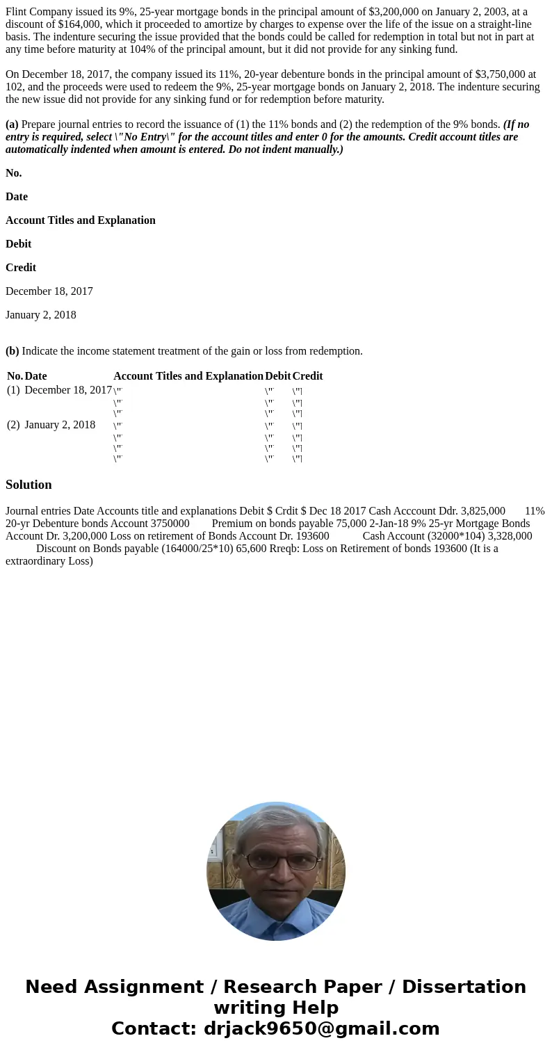 Flint Company issued its 9%, 25-year mortgage bonds in the principal amount of $3,200,000 on January 2, 2003, at a discount of $164,000, which it proceeded to a