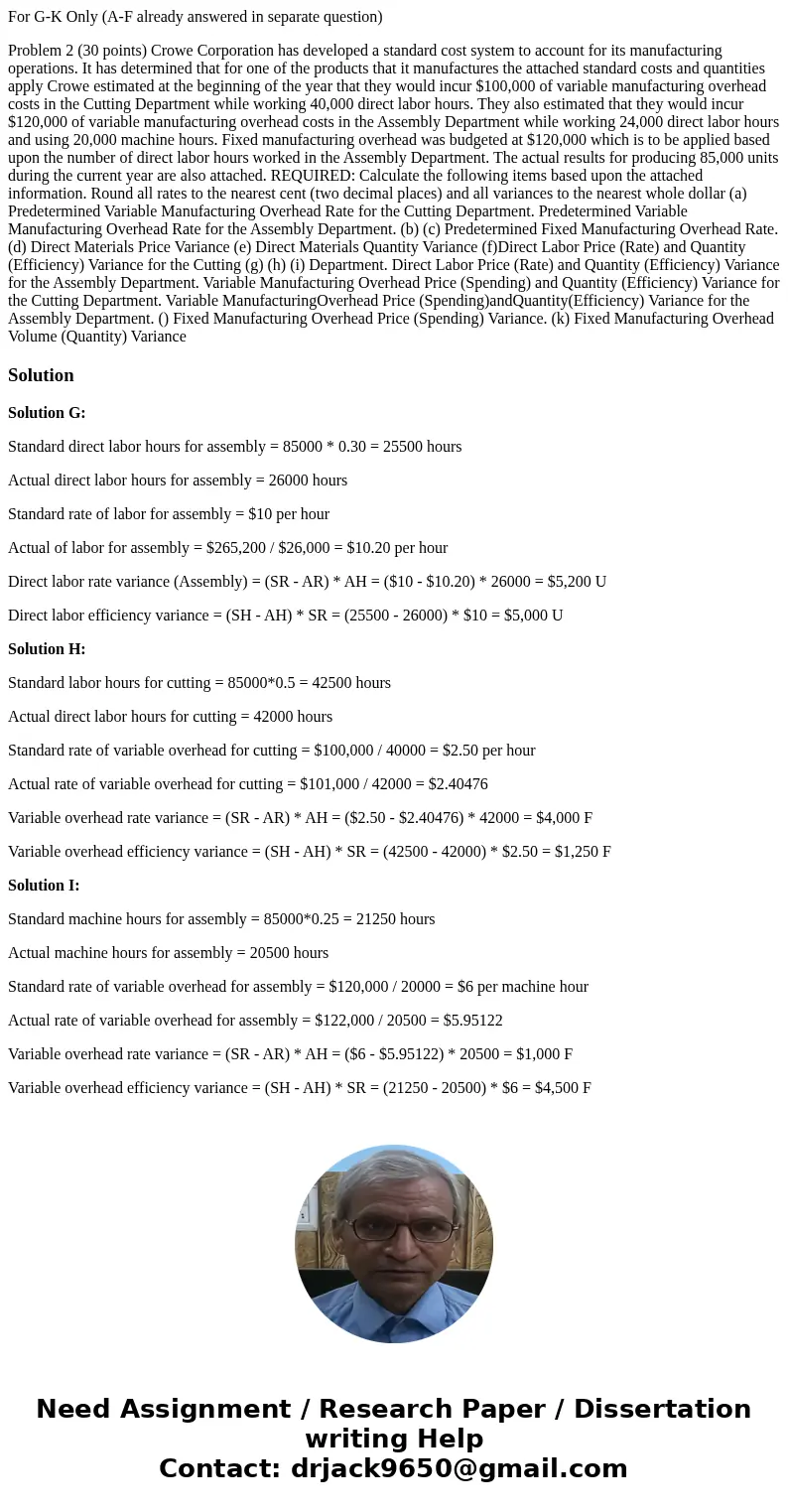 For G-K Only (A-F already answered in separate question) Problem 2 (30 points) Crowe Corporation has developed a standard cost system to account for its manufac For G-K Only (A-F already answered in separate question) Problem 2 (30 points) Crowe Corporation has developed a standard cost system to account for its manufac