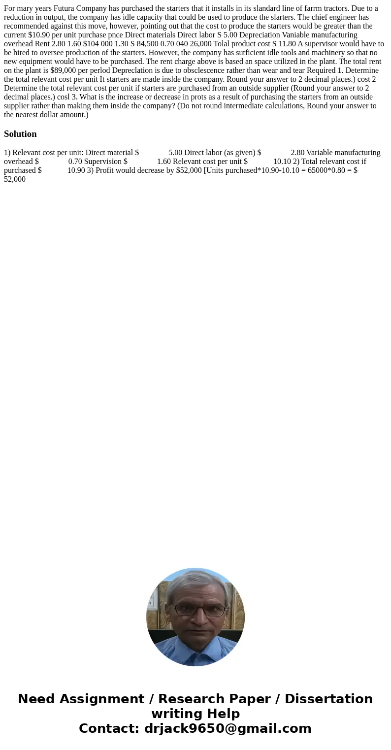  For mary years Futura Company has purchased the starters that it installs in its slandard line of farrm tractors. Due to a reduction in output, the company has