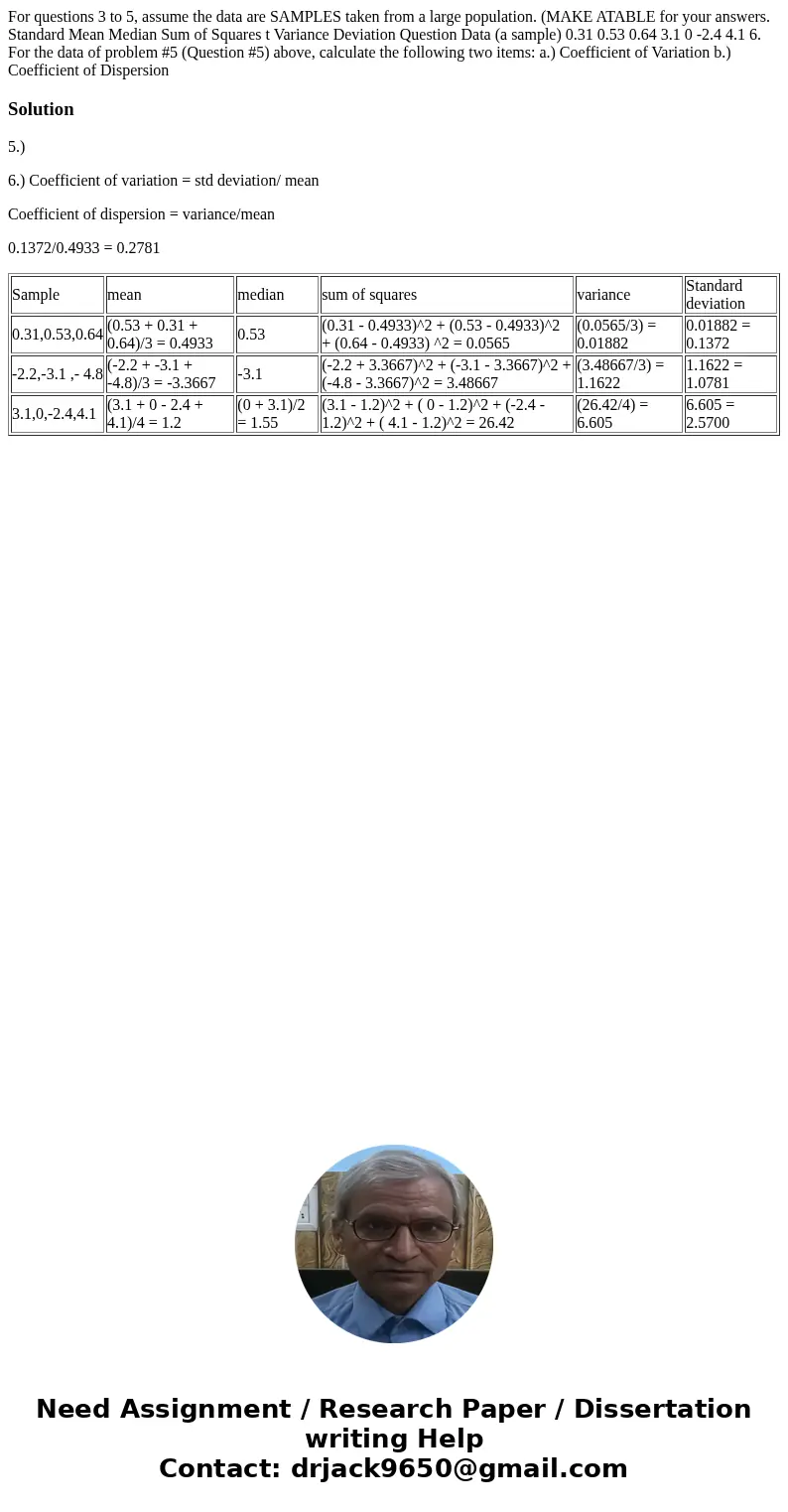  For questions 3 to 5, assume the data are SAMPLES taken from a large population. (MAKE ATABLE for your answers. Standard Mean Median Sum of Squares t Variance 