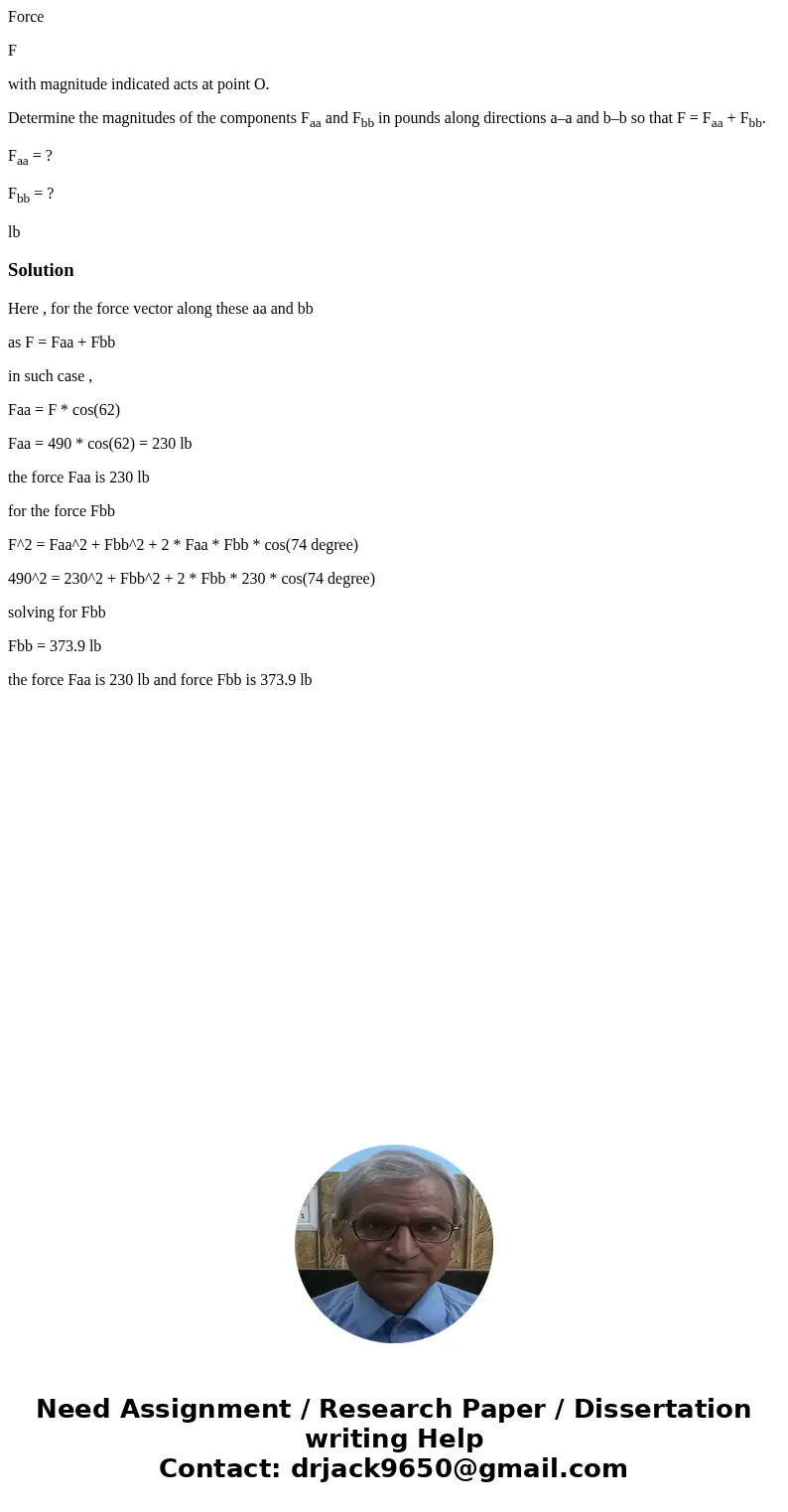 Force F with magnitude indicated acts at point O. Determine the magnitudes of the components Faa and Fbb in pounds along directions a–a and b–b so that F = Faa 