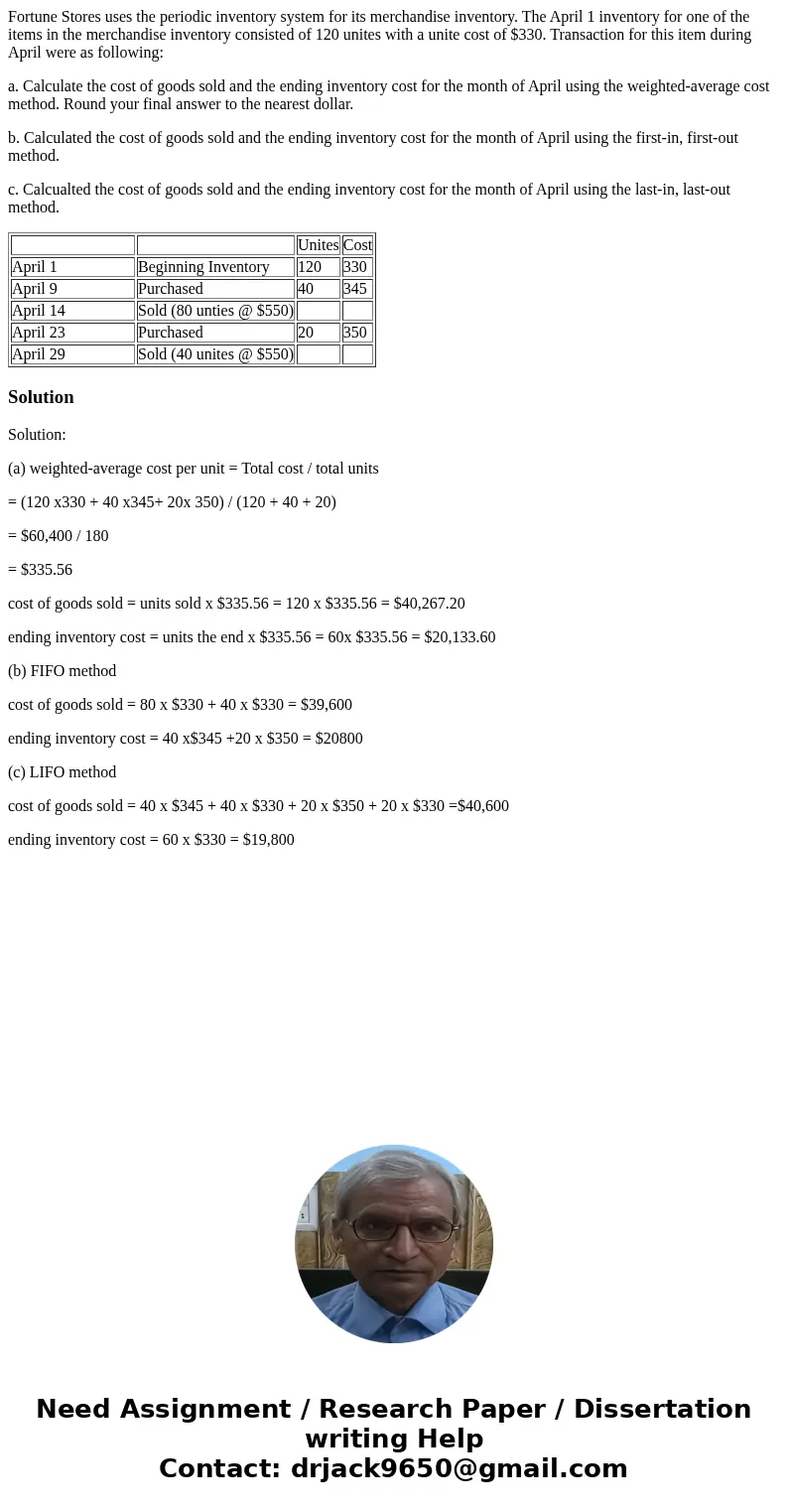 Fortune Stores uses the periodic inventory system for its merchandise inventory. The April 1 inventory for one of the items in the merchandise inventory consist Fortune Stores uses the periodic inventory system for its merchandise inventory. The April 1 inventory for one of the items in the merchandise inventory consist