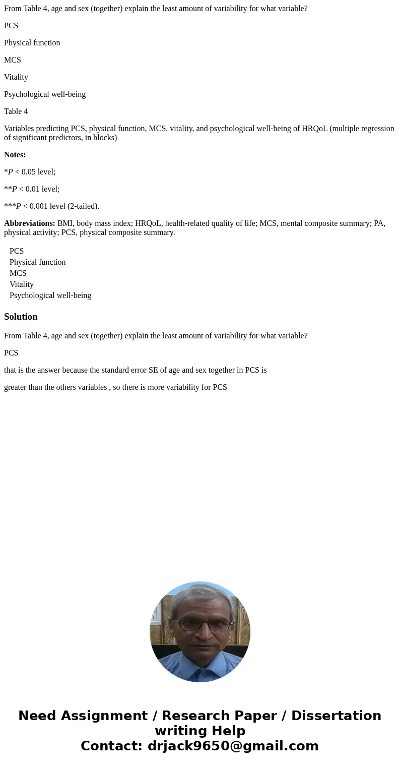 From Table 4, age and sex (together) explain the least amount of variability for what variable? PCS Physical function MCS Vitality Psychological well-being Tabl From Table 4, age and sex (together) explain the least amount of variability for what variable? PCS Physical function MCS Vitality Psychological well-being Tabl