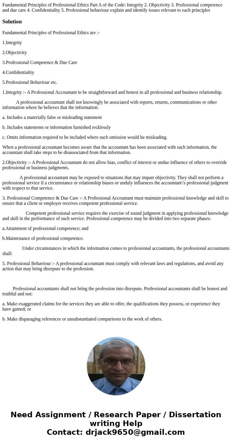  Fundamental Principles of Professional Ethics Part A of the Code: Integrity 2. Objectivity 3. Professional competence and due care 4. Confidentiality 5. Profes