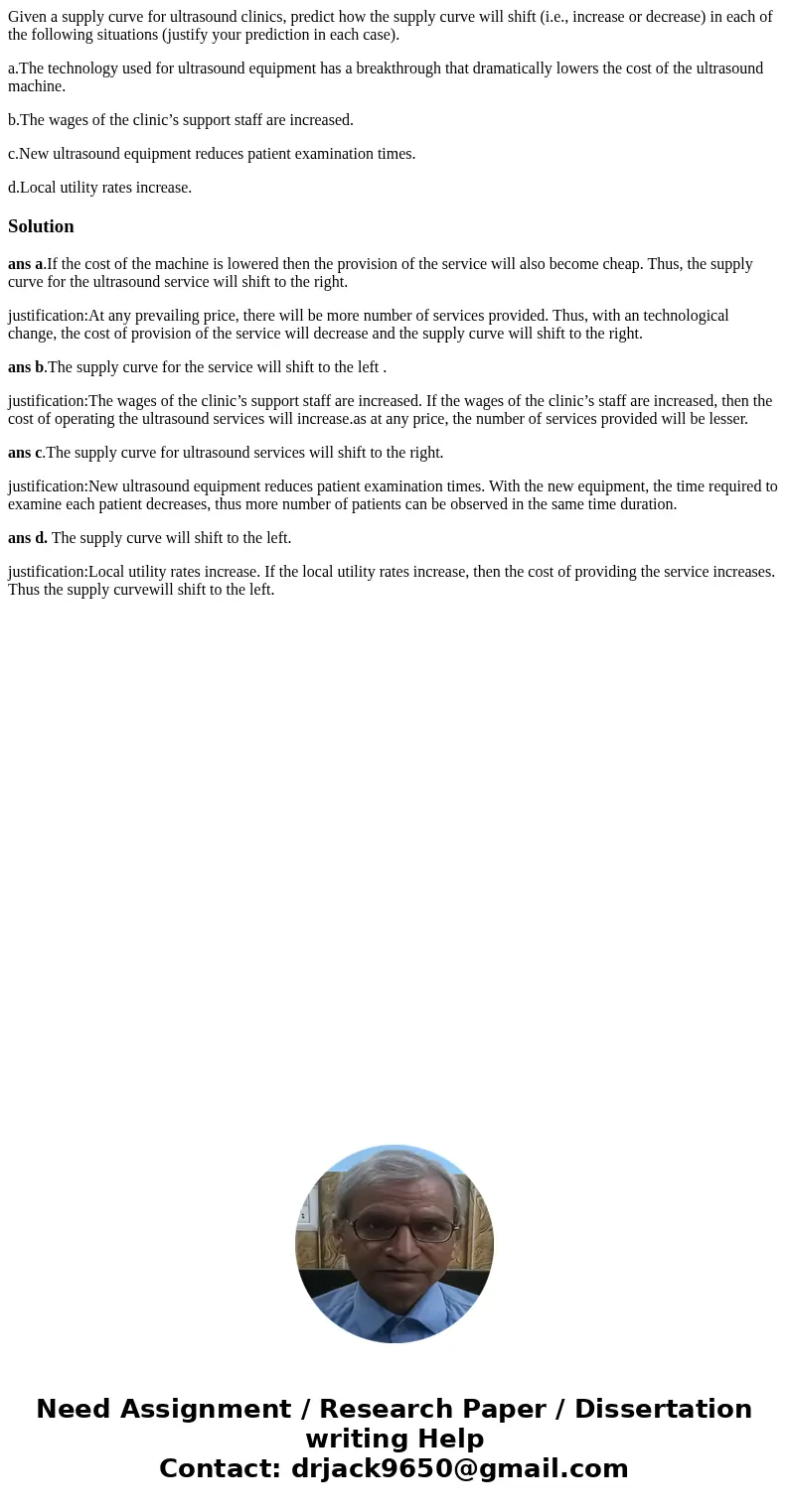 Given a supply curve for ultrasound clinics, predict how the supply curve will shift (i.e., increase or decrease) in each of the following situations (justify y Given a supply curve for ultrasound clinics, predict how the supply curve will shift (i.e., increase or decrease) in each of the following situations (justify y