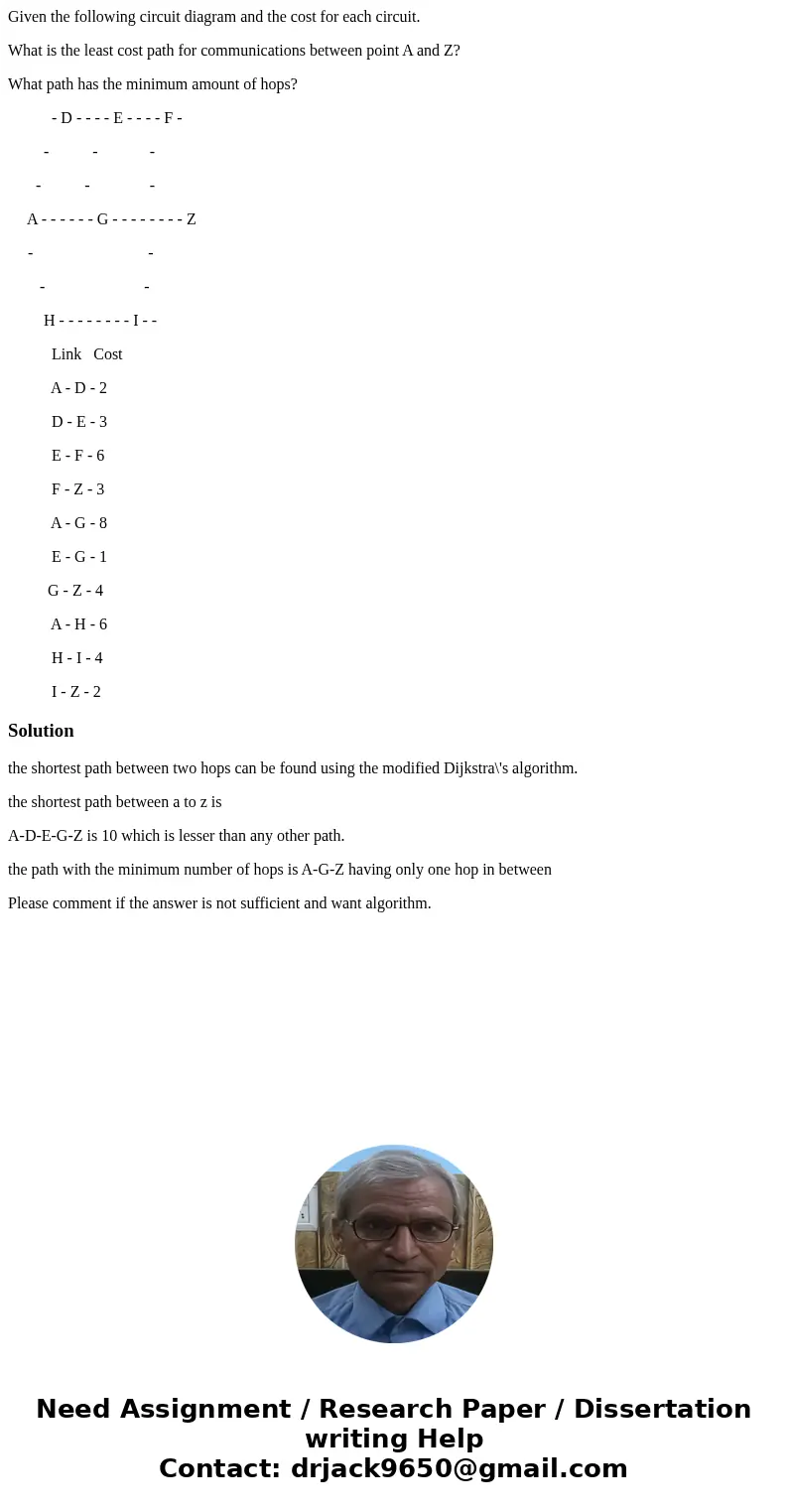 Given the following circuit diagram and the cost for each circuit. What is the least cost path for communications between point A and Z? What path has the minim