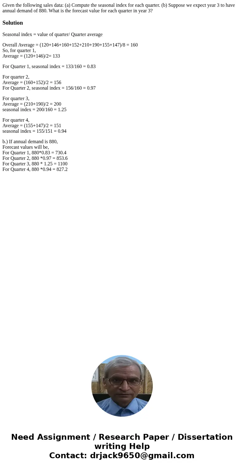 Given the following sales data: (a) Compute the seasonal index for each quarter. (b) Suppose we expect year 3 to have annual demand of 880. What is the forecas  Given the following sales data: (a) Compute the seasonal index for each quarter. (b) Suppose we expect year 3 to have annual demand of 880. What is the forecas