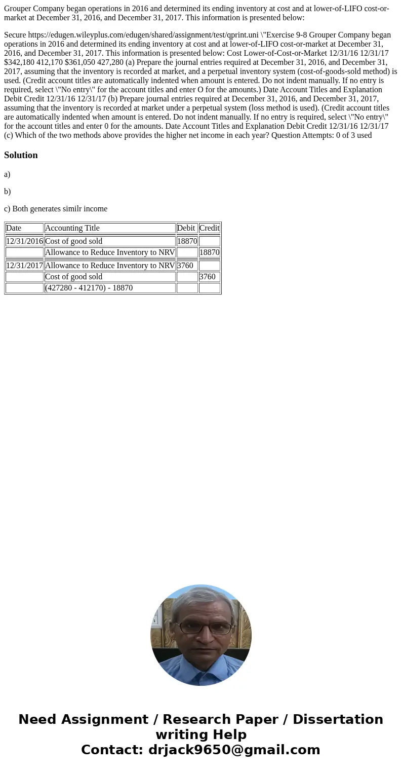 Grouper Company began operations in 2016 and determined its ending inventory at cost and at lower-of-LIFO cost-or-market at December 31, 2016, and December 31, 