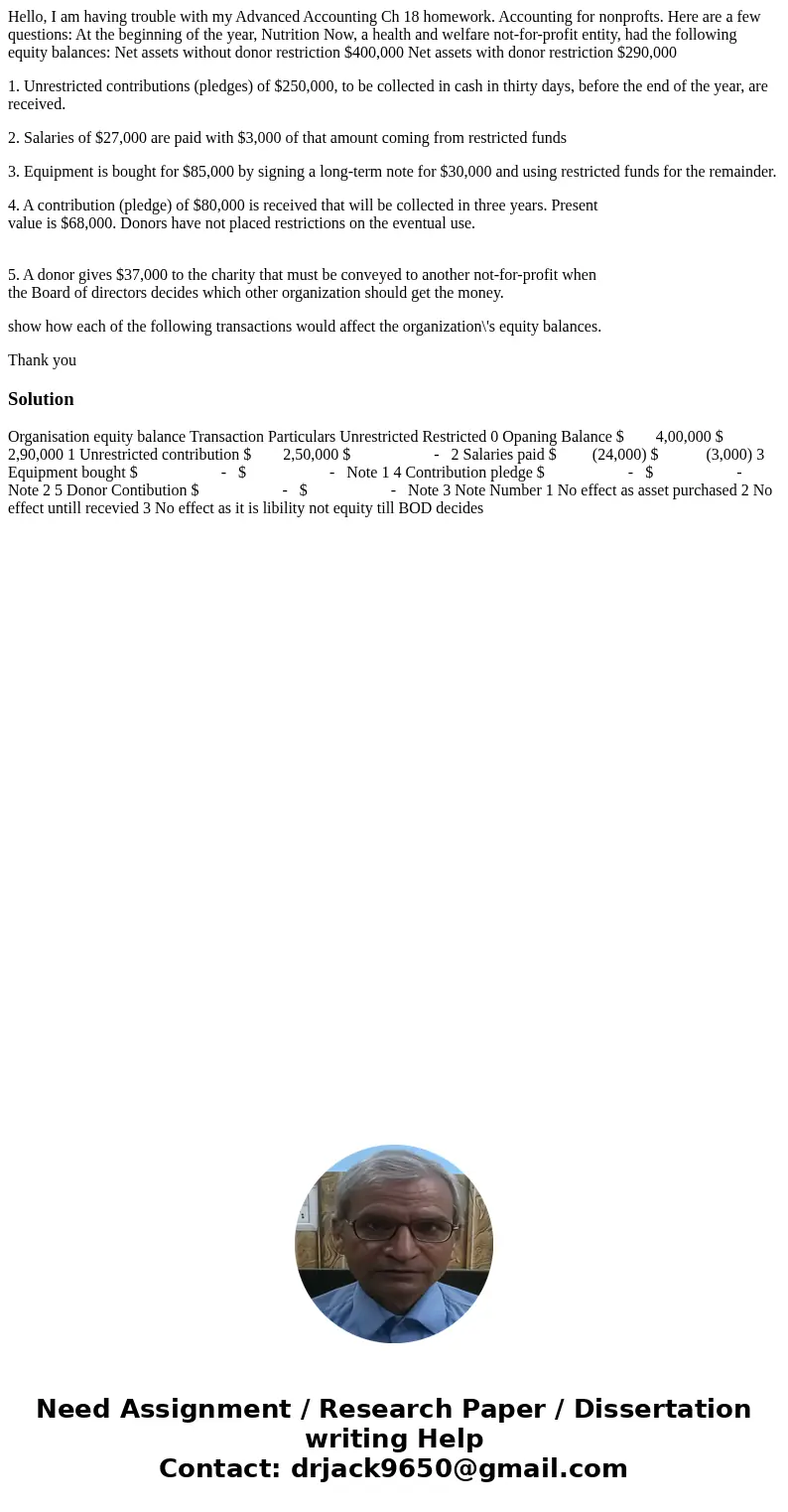 Hello, I am having trouble with my Advanced Accounting Ch 18 homework. Accounting for nonprofts. Here are a few questions: At the beginning of the year, Nutriti
