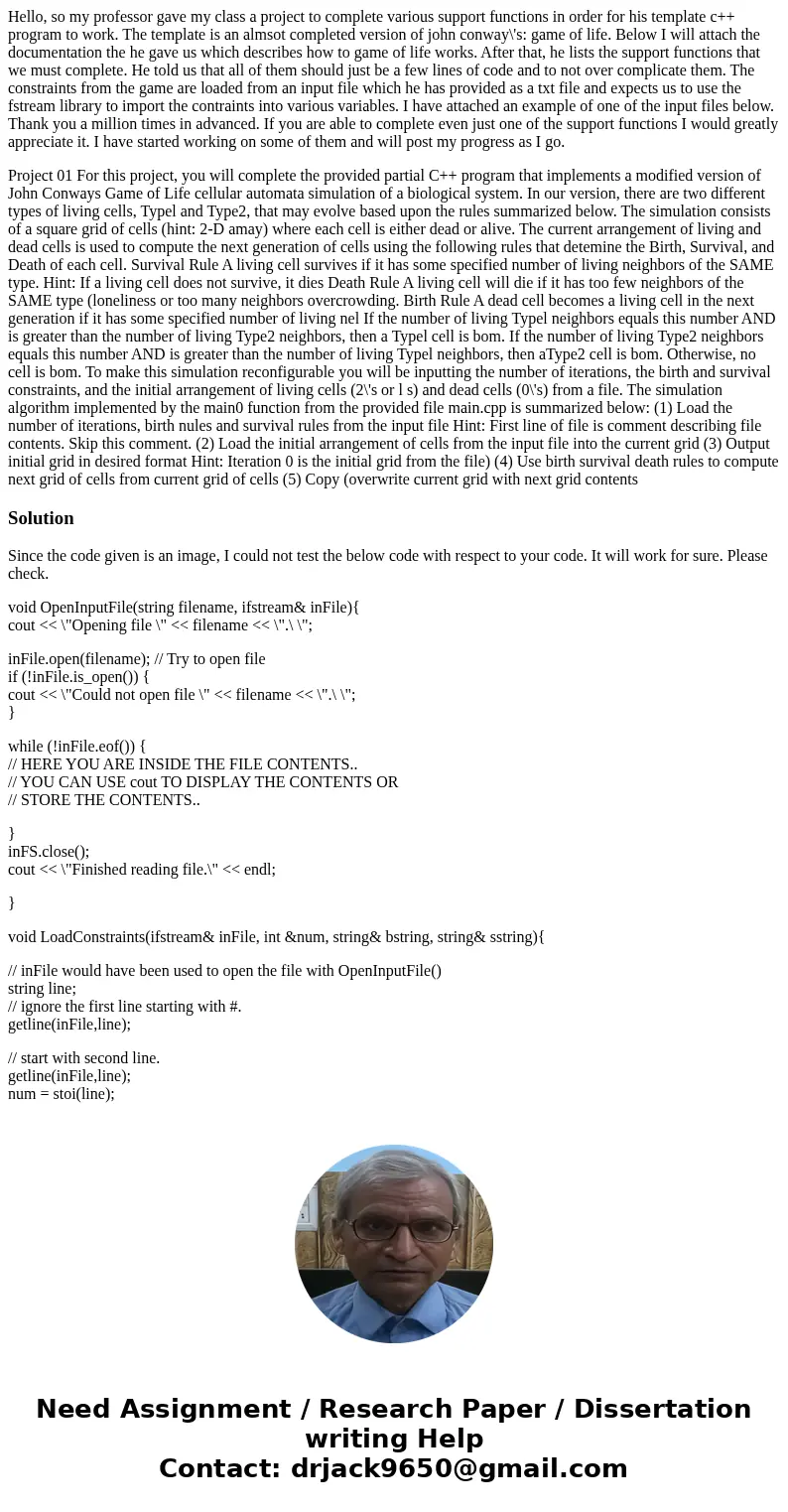 Hello, so my professor gave my class a project to complete various support functions in order for his template c++ program to work. The template is an almsot co Hello, so my professor gave my class a project to complete various support functions in order for his template c++ program to work. The template is an almsot co