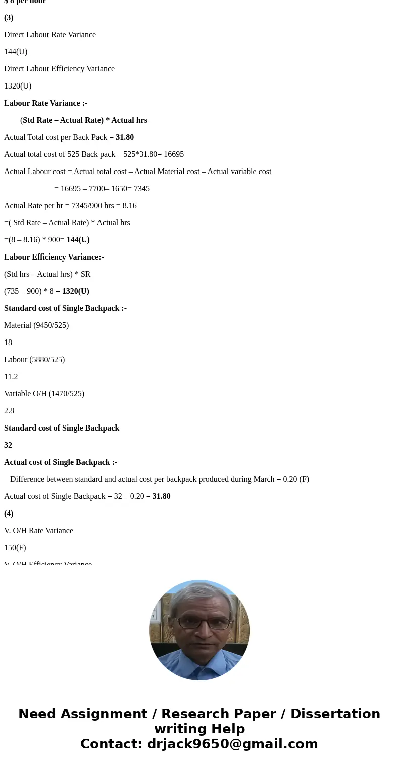 Highland Company produces a lightweight backpack that is popular with college students. Standard variable costs relating to a single backpack are given below: $